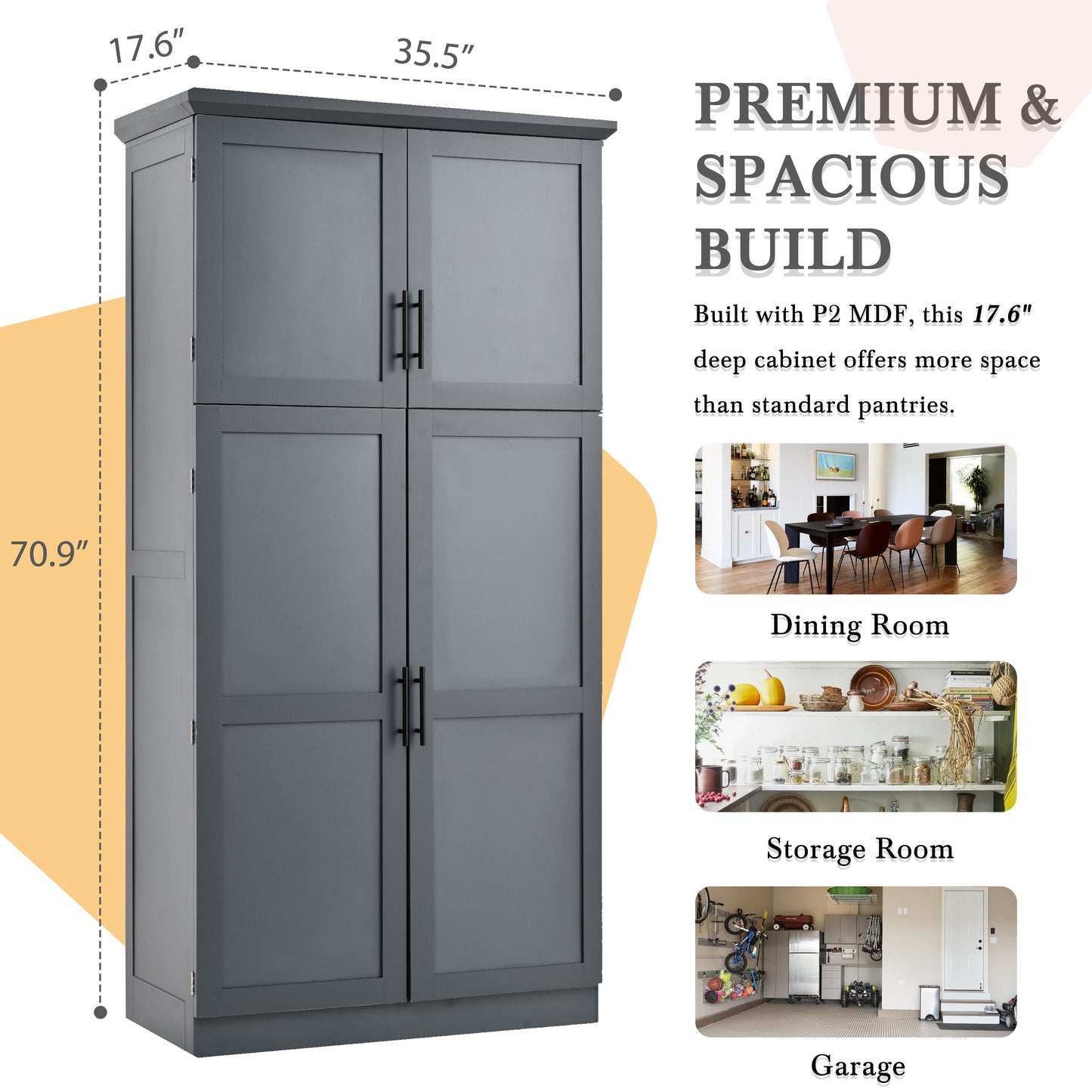 [Assembly Video Provided] TOPMAX 35.5x17.6x70.9inch Freestanding Kitchen Pantry Cabinet, Tall Storage Cabinet with 4 Doors, 2 Door Shelves, 8 Pull-out Trays and Adjustable Shelf for Dining Room, Gray image 9