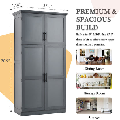 [Assembly Video Provided] TOPMAX 35.5x17.6x70.9inch Freestanding Kitchen Pantry Cabinet, Tall Storage Cabinet with 4 Doors, 2 Door Shelves, 8 Pull-out Trays and Adjustable Shelf for Dining Room, Gray image 9