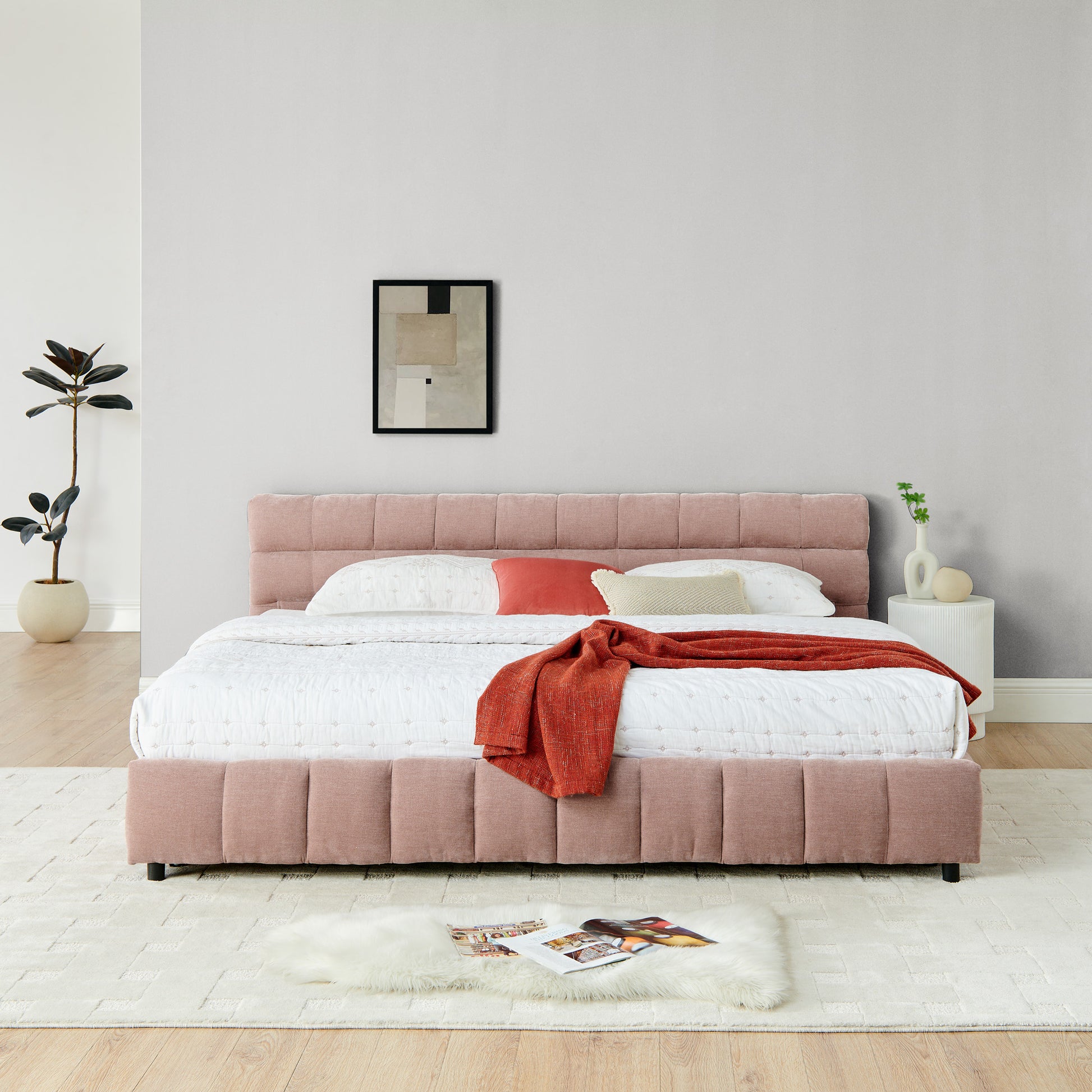 King Size Upholstered Bed,comfortable upholstered bed frame, Chenille fabric, with headboard and solid bed frame. With drawer for storage.-Pink(88.5''*85.5''*31'') image 6