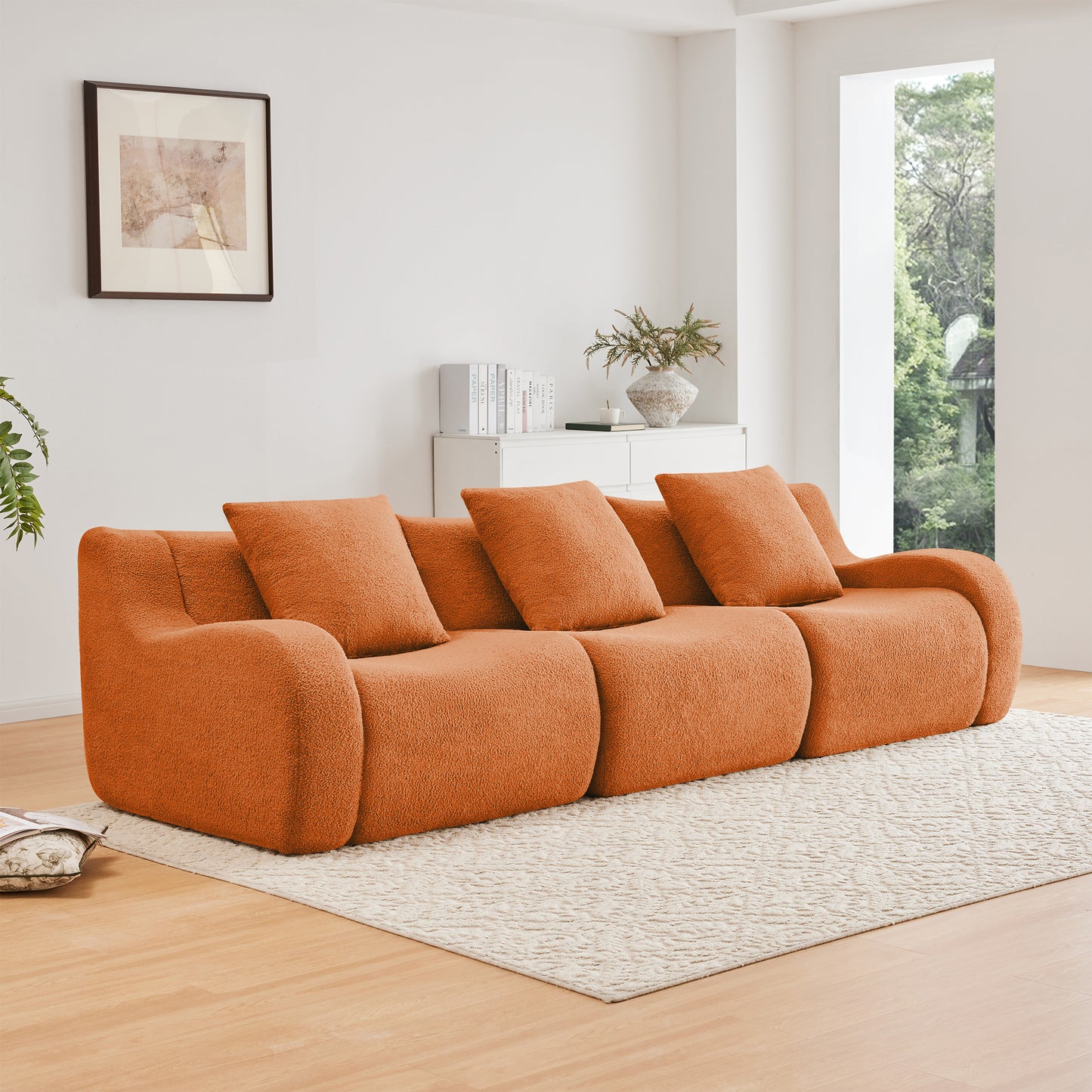 Boneless Sofa,3 Seat High-Quality Teddy Fabric,Anti-Slip Design,No Assembly Curved Armrests Streamlined,32D High Density Sponge For Living Rooms Bedrooms Reading Nook,Orange image 1