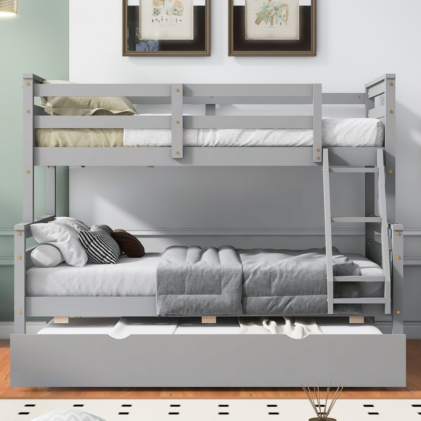 Twin over Full Bunk Bed with Ladder, Twin Size Trundle, Safety Guardrail, Gray image 3