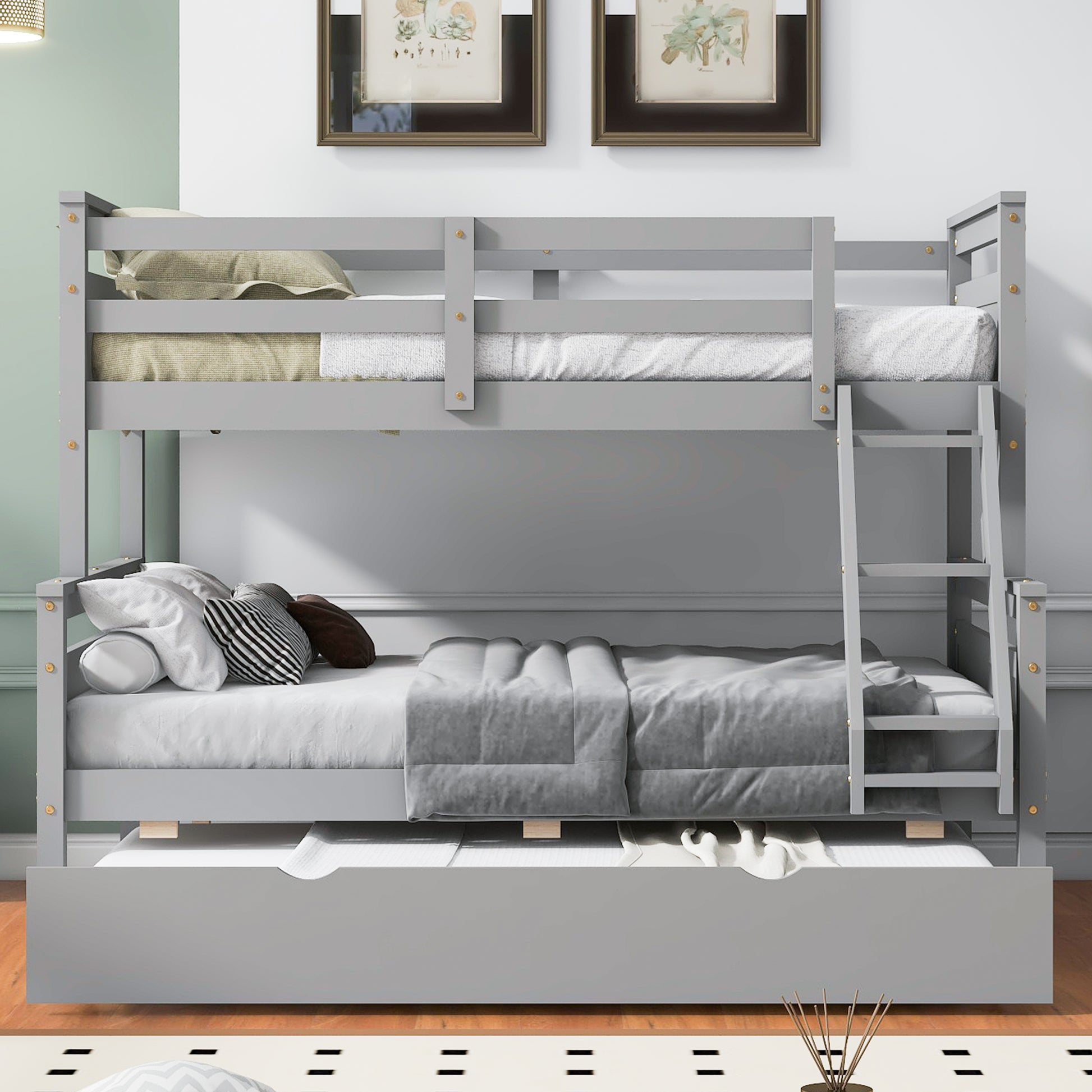 Twin over Full Bunk Bed with Ladder, Twin Size Trundle, Safety Guardrail, Gray image 3