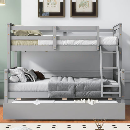 Twin over Full Bunk Bed with Ladder, Twin Size Trundle, Safety Guardrail, Gray image 3