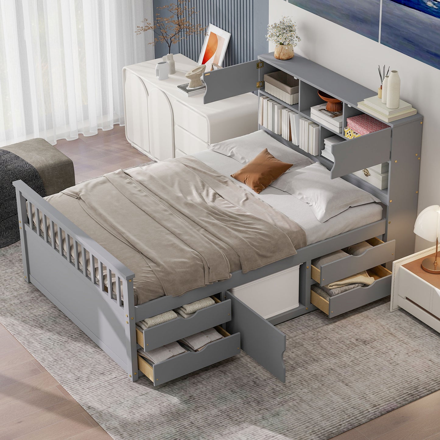 Full Size Captain Platform Bed Frame with Storage Bookcases and Shelves,Four Drawers,Gray image 3
