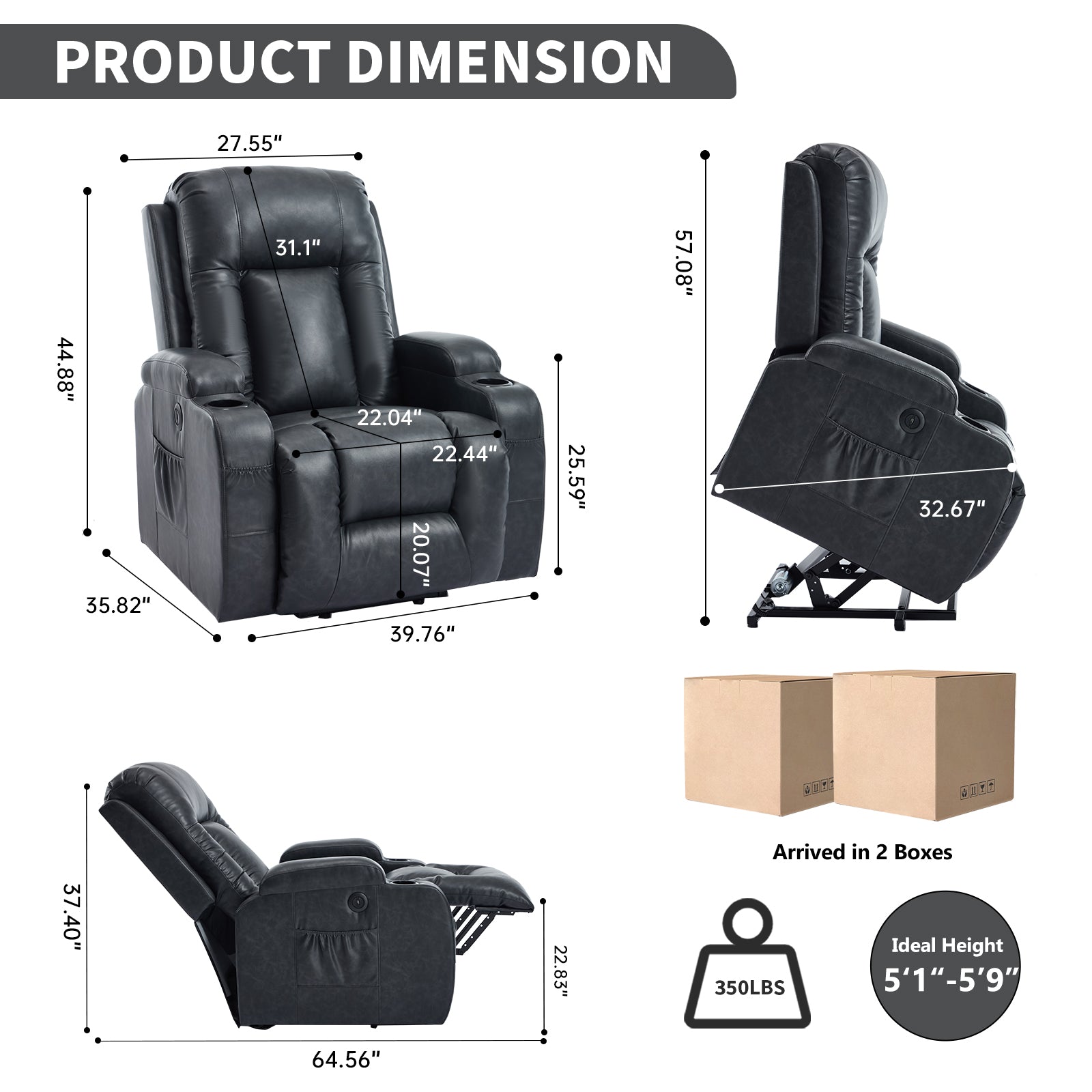 Dark Grey PU lInfinite Position Up to 350 LBS Power Lift Recliner Chair for Elderly, Heavy Duty Motion Mechanism with 8-Point Vibration Massage and Lumbar Heating, USB Charging Port, Cup Holders image 2