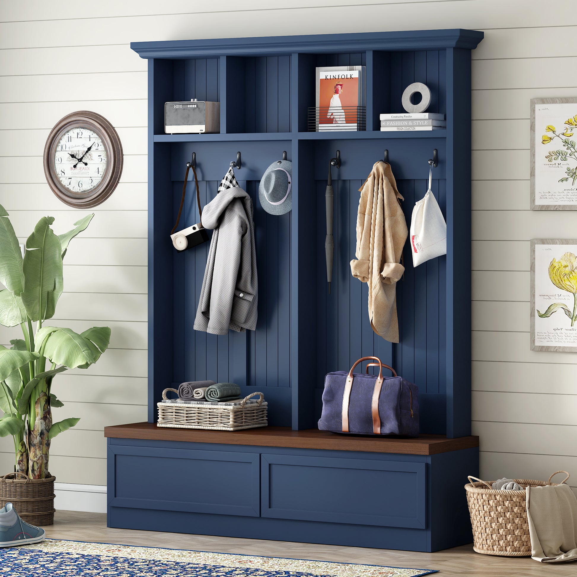 Farmhouse 4-in-1 Hall Tree with Wood Grain Bench, Mudroom Versatile Coat Rack with 2 Large Drawer, Entrance Organizer for Hallway, Living Room, Blue, 55.9"W (OLD SKU: N721P313099C) image 1