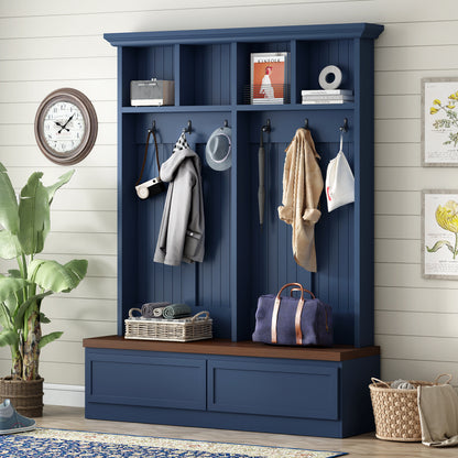 Farmhouse 4-in-1 Hall Tree with Wood Grain Bench, Mudroom Versatile Coat Rack with 2 Large Drawer, Entrance Organizer for Hallway, Living Room, Blue, 55.9"W (OLD SKU: N721P313099C) image 1