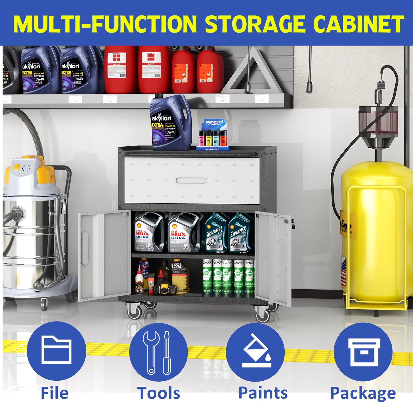 Sturdy and Durable Metal Tool Cabinet for Garage with Wheels - Mobile Heavy-Duty Storage Cabinet with 1 Drawer and 2 Locking Doors, Rolling Tool Storage Cabinet, Black and Gray image 9