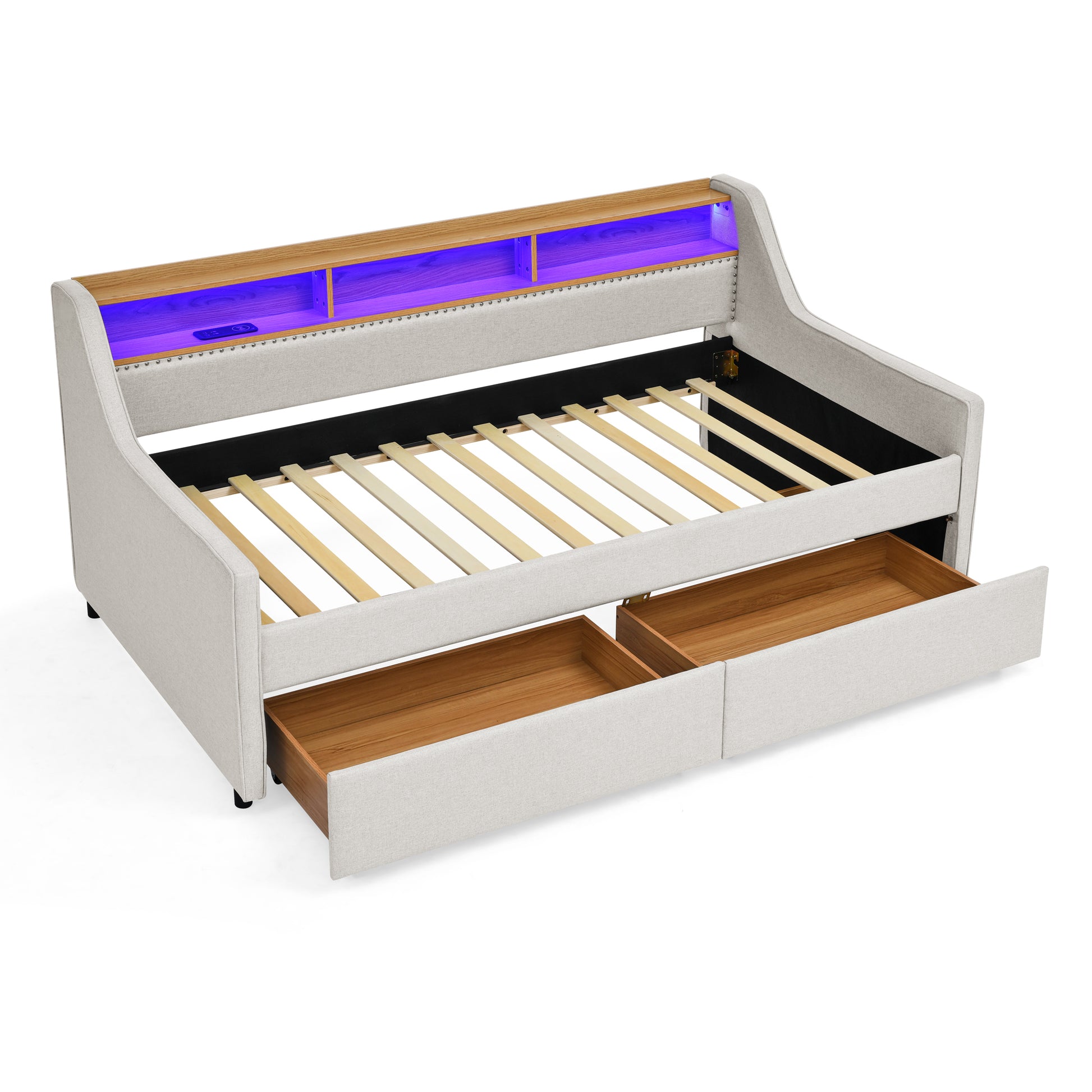 Twin Size Upholstery Sofa Bed with Three LED lights, with Storage Adjustable Headboard, with Two Storage Pull Up drawers and Wireless Charging, Linen Padded Sofa Bed frame, Beige image 10