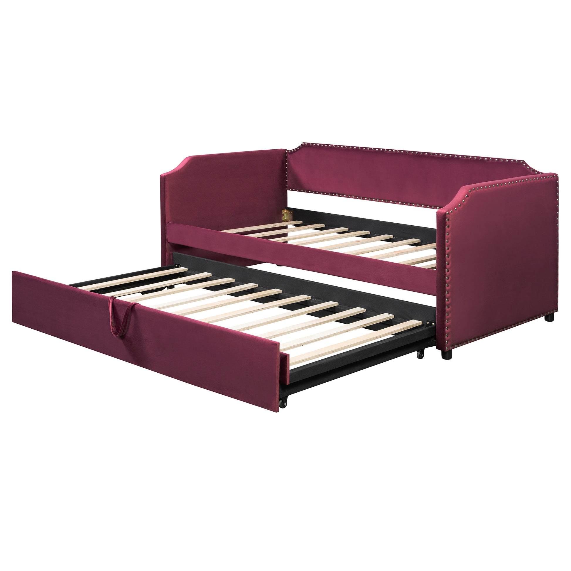 Twin Size Velvet Upholstered Daybed with Pop Up Trundle, Wine Red image 9