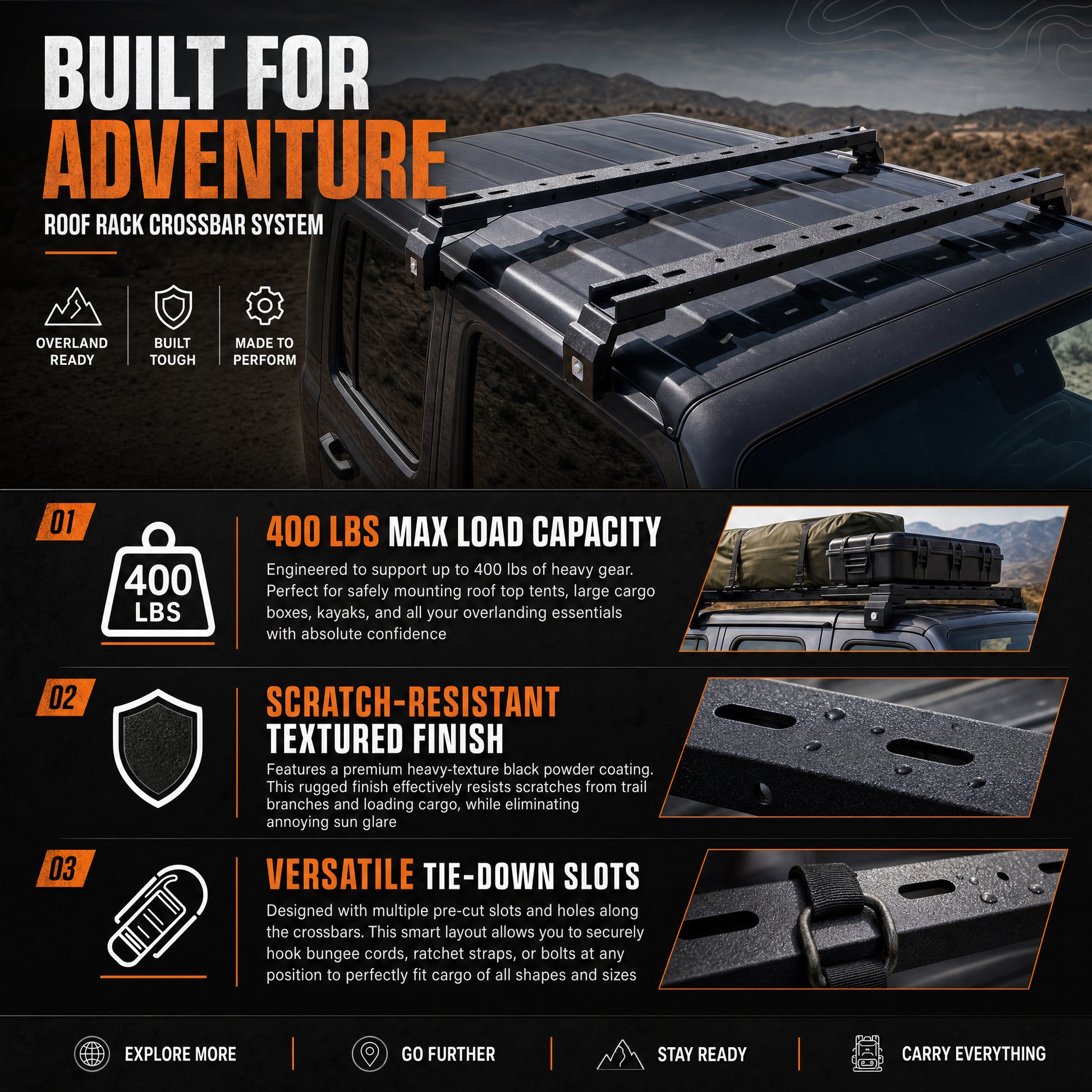 2PCS 400 LBS Roof Rack Cross Bars Compatible For 2007-2026 Jeep Wrangler JK JKU / JL JLU Unlimited & Gladiator JT Hardtop, Roof Rail Crossbars Cargo Carrier Rooftop Luggage image 6