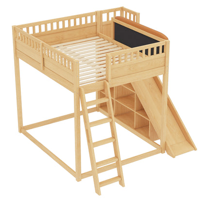 Full Size Loft Bed with upholstered headboard and storage shelves, complete with ladder and slide, Natural image 8