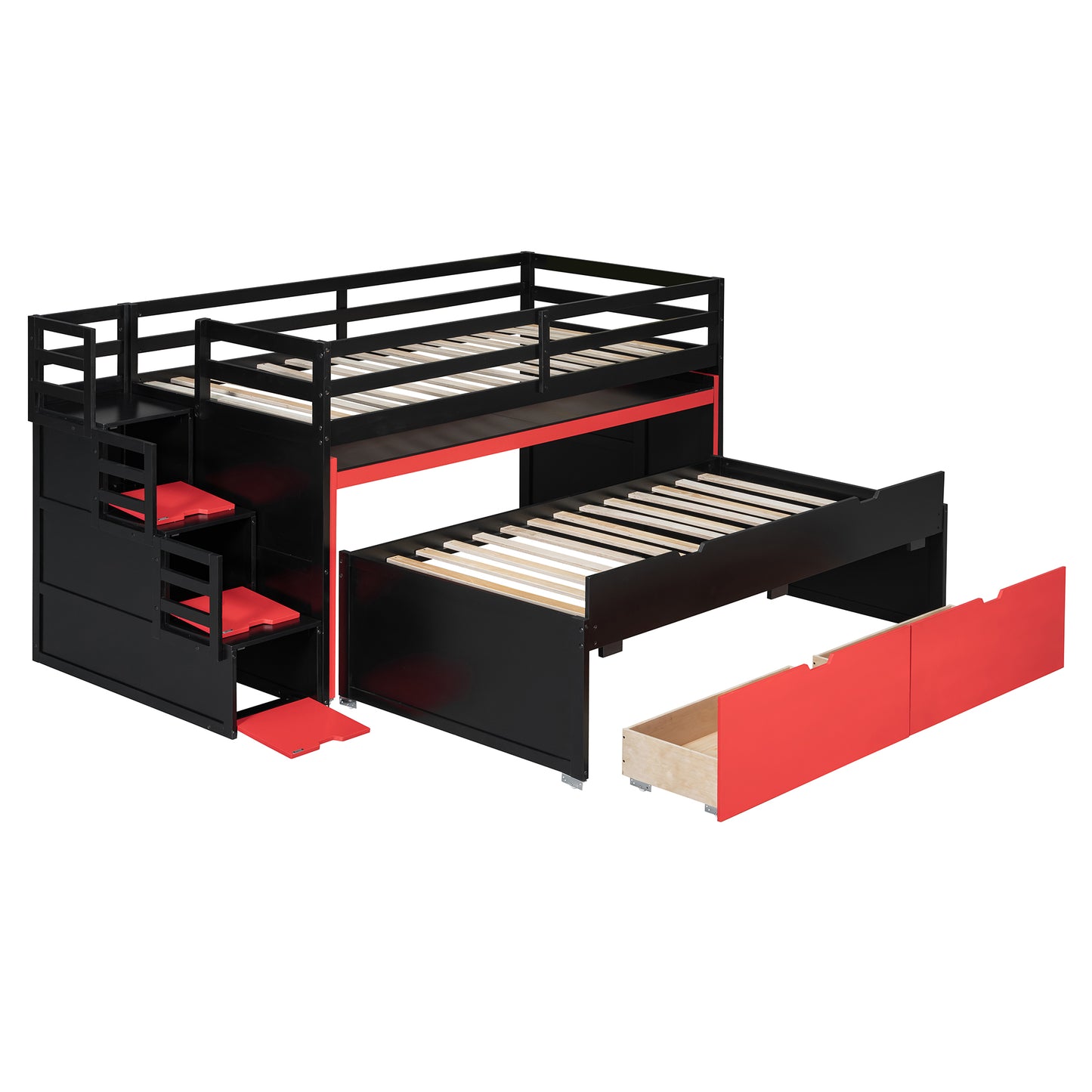 Twin XL Loft Bed with Pull-Out Desk and Twin Trundle, Multi-Functional Bunk Bed with 2 Storage Drawers and Storage Steps, Space-Saving Gaming & Workstation Bedframe, Black+Red image 8