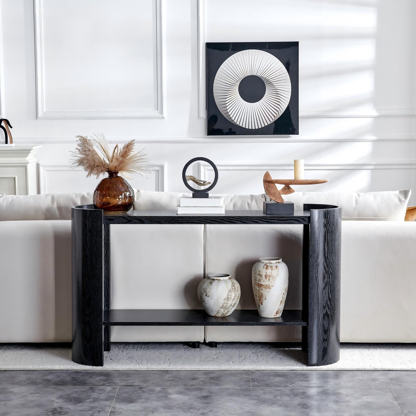 Double-layer Black curved foyer table - Black wood grain minimalist entrance small space living room sofa side table image 6