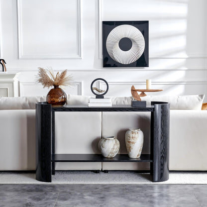 Double-layer Black curved foyer table - Black wood grain minimalist entrance small space living room sofa side table image 6