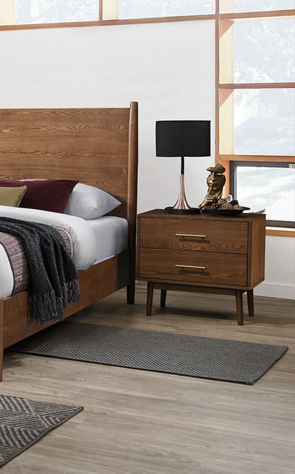 Walnut Color Panel Headboard 3pc Bedroom Set Queen Size Bed 2x Nightstands Wooden Mid-Century Modern Style image 9