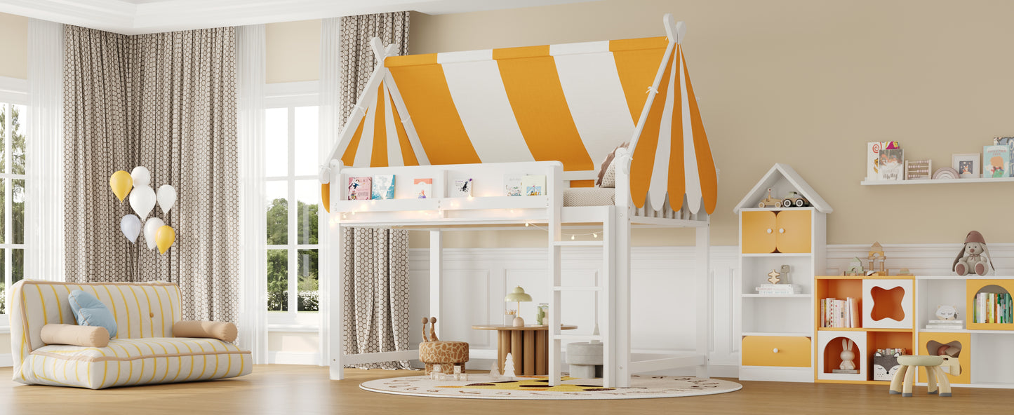 Full Size Loft Bed with Canopy, LED Lights & Book Shelf, White image 9