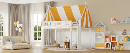 Full Size Loft Bed with Canopy, LED Lights & Book Shelf, White image 9