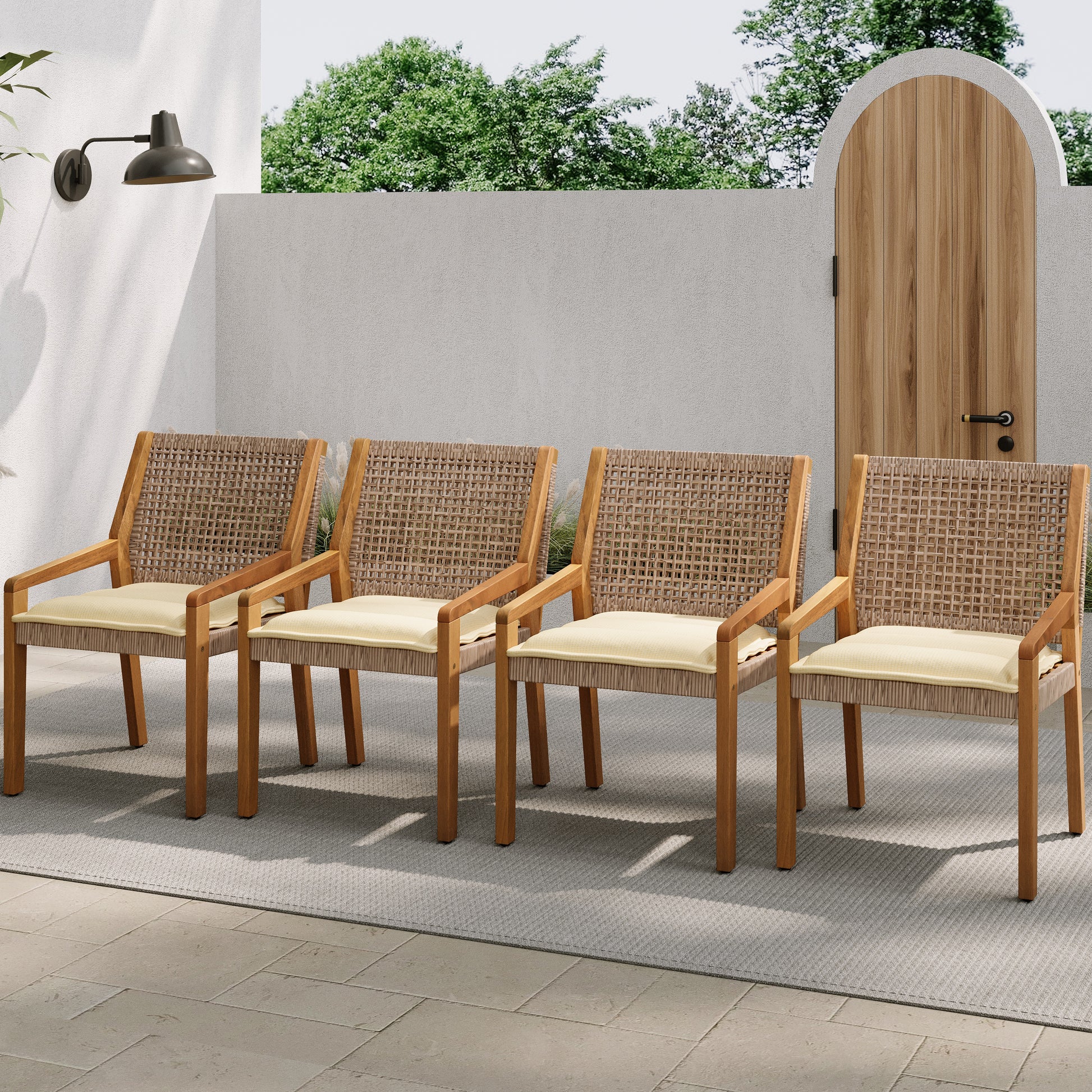 OUTDOOR DINING CHAIR SET-Acacia Wood and Wicker with Cream Cushion Patio Furniture-Teak finish & wicke Brown,Suitable for large gatherings-set of 4(N770P272397G(2-box)) image 2