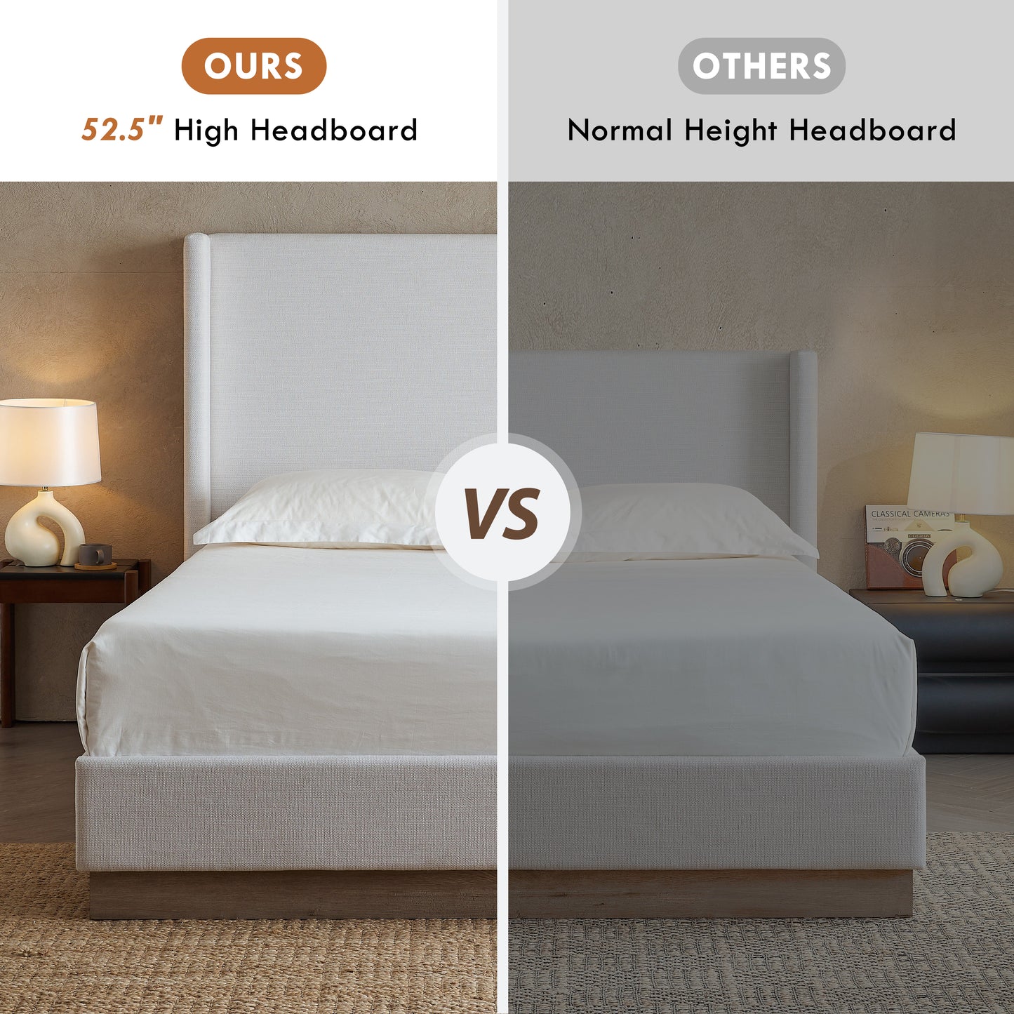 Hosford Upholstered Wingback Bed / Upholstered Wood Base Platform Bed / 52.5" High Headboard / Minimalist / Rusticity / No Box Spring Needed / Queen / Textured Ivory Canvas / No Noise image 7
