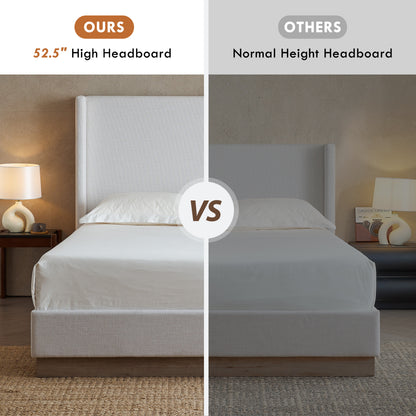 Hosford Upholstered Wingback Bed / Upholstered Wood Base Platform Bed / 52.5" High Headboard / Minimalist / Rusticity / No Box Spring Needed / Queen / Textured Ivory Canvas / No Noise image 7