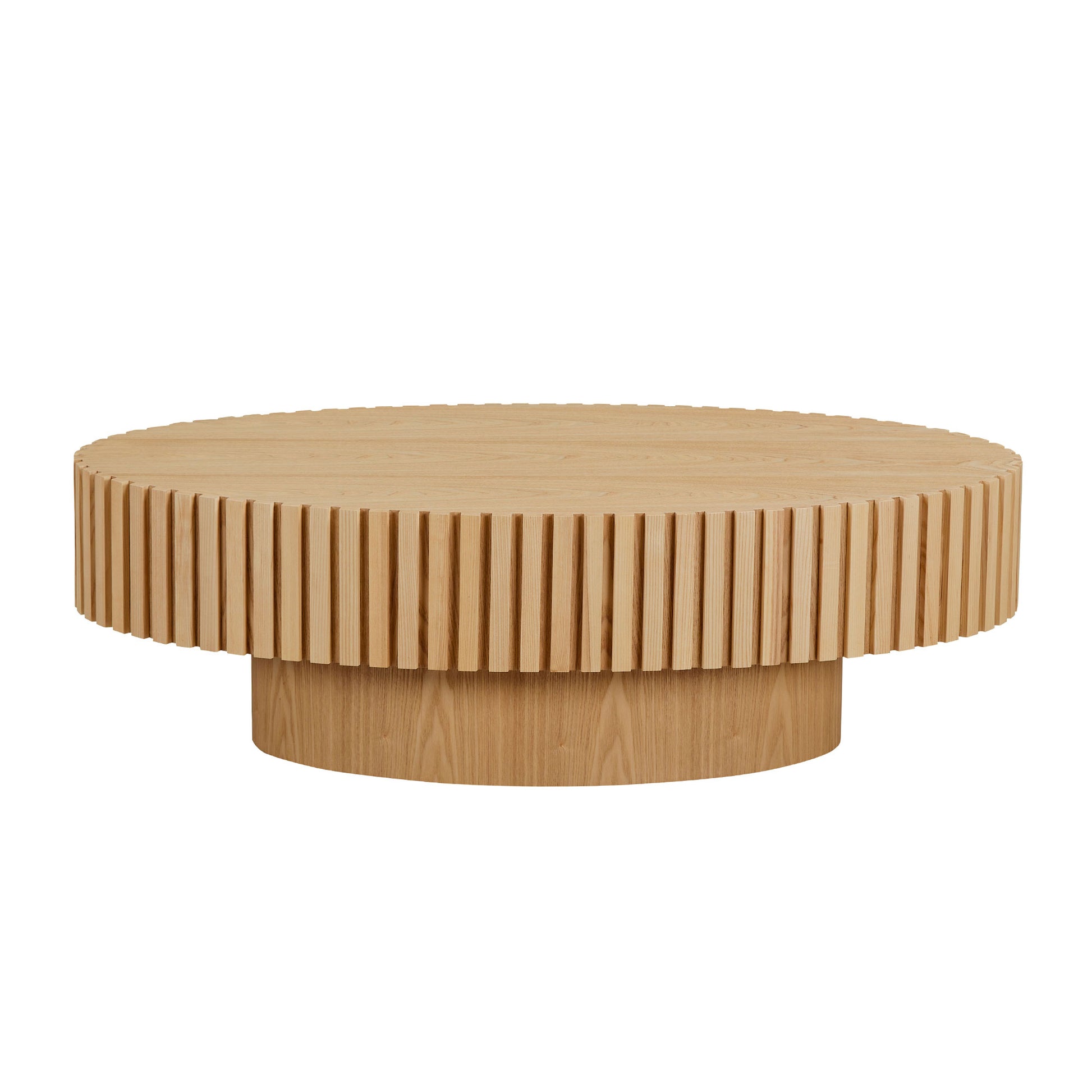 Modern Handcraft Drum Coffee Table Length 43.7 inch Ellipse Coffee Table for Living Room,Oval Small Coffee Table with Sturdy Pedestal,Natural Ash MDF,W2582P251207 image 3