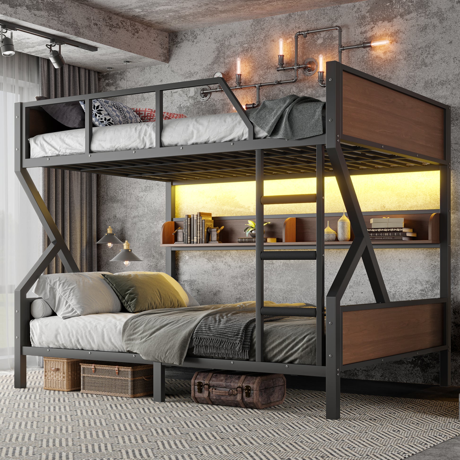 Queen over Queen Bunk Bed, Metal Bunk Bed with Storage Shelves and Lights, Space-saving & Noise-free Design, Black image 1