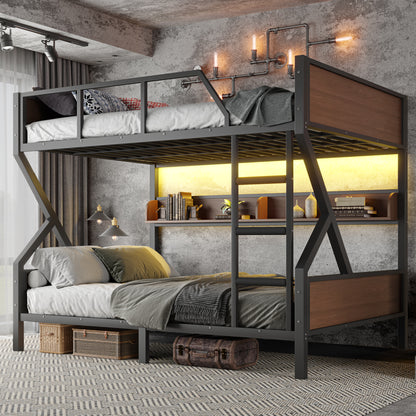 Queen over Queen Bunk Bed, Metal Bunk Bed with Storage Shelves and Lights, Space-saving & Noise-free Design, Black image 1