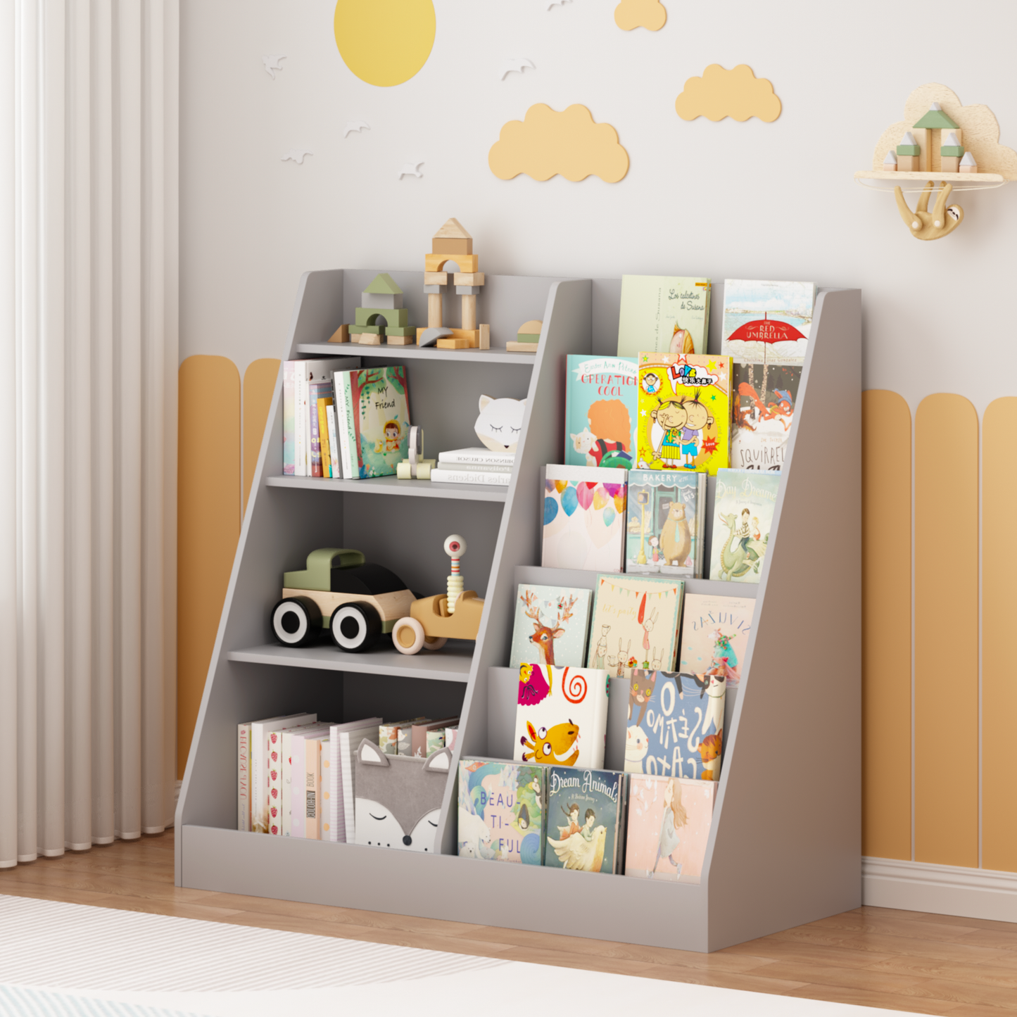 Kids Bookshelf and Toy Storage Organizer, Multifunctional 4 Tier Wooden Kids Book Shelf with Bookcase Display Stand in Kids Room Playroom Nursery for Kids, Children, Toddlers (Gray) image 12