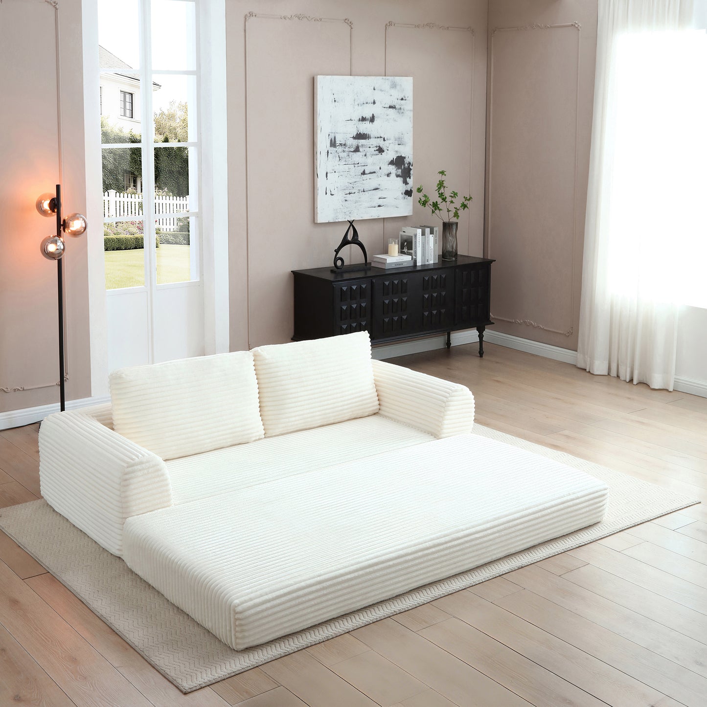 2-in-1 Folding Convertible Sofa Bed, Modern Corduroy Sleeper Couch with 2*pillows, Futon Modular Upholstered Boneless Sofa with Pull-Out Bed,Folding Floor Modular Couch for Living Room Beige image 4