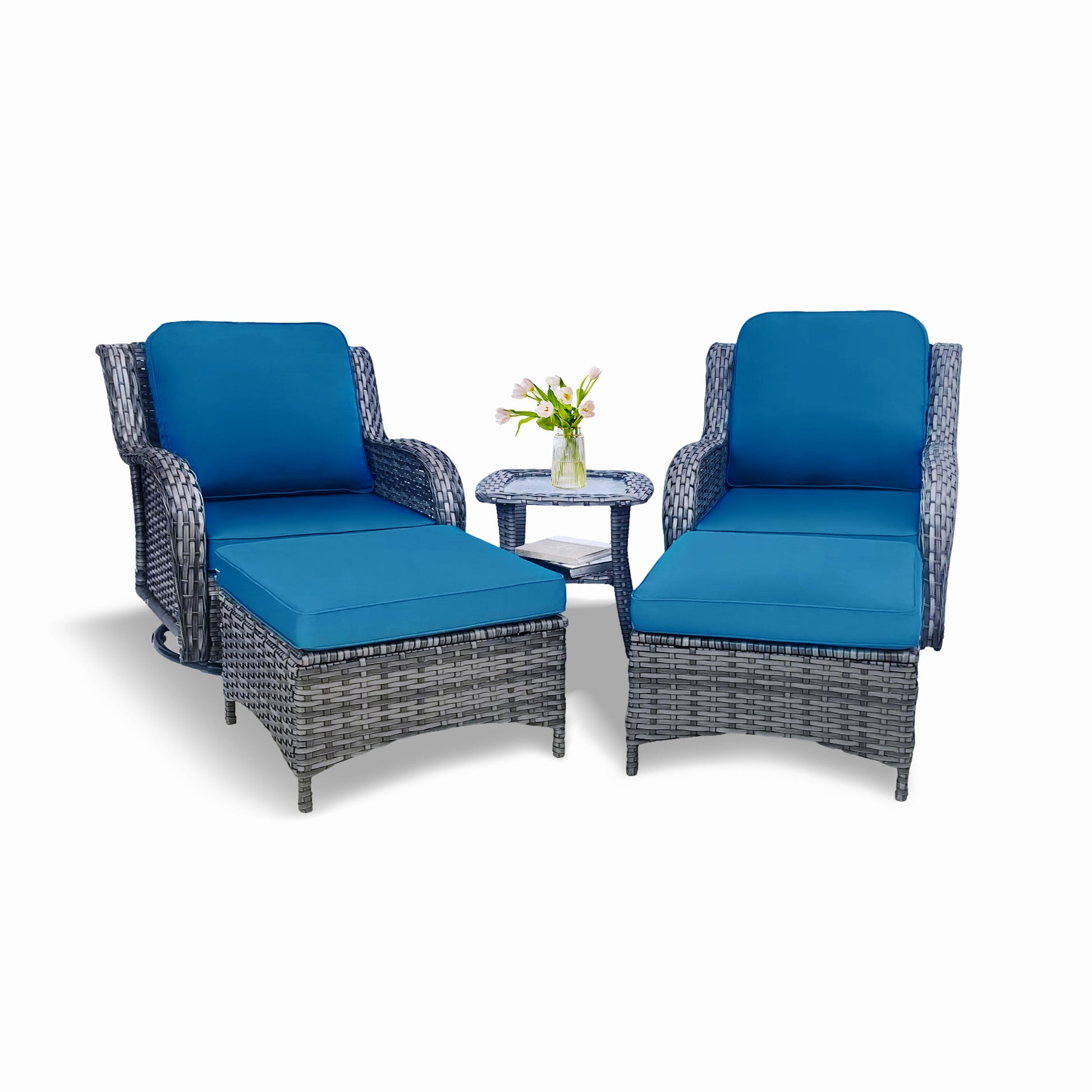 Wicker Patio Furniture Set - 5 Piece Rattan Outdoor Sectional Conversation Sets with 2 Swivel Rocking Chairs,2 Ottomans and 1 Side Table for Porch Deck Garden image 8