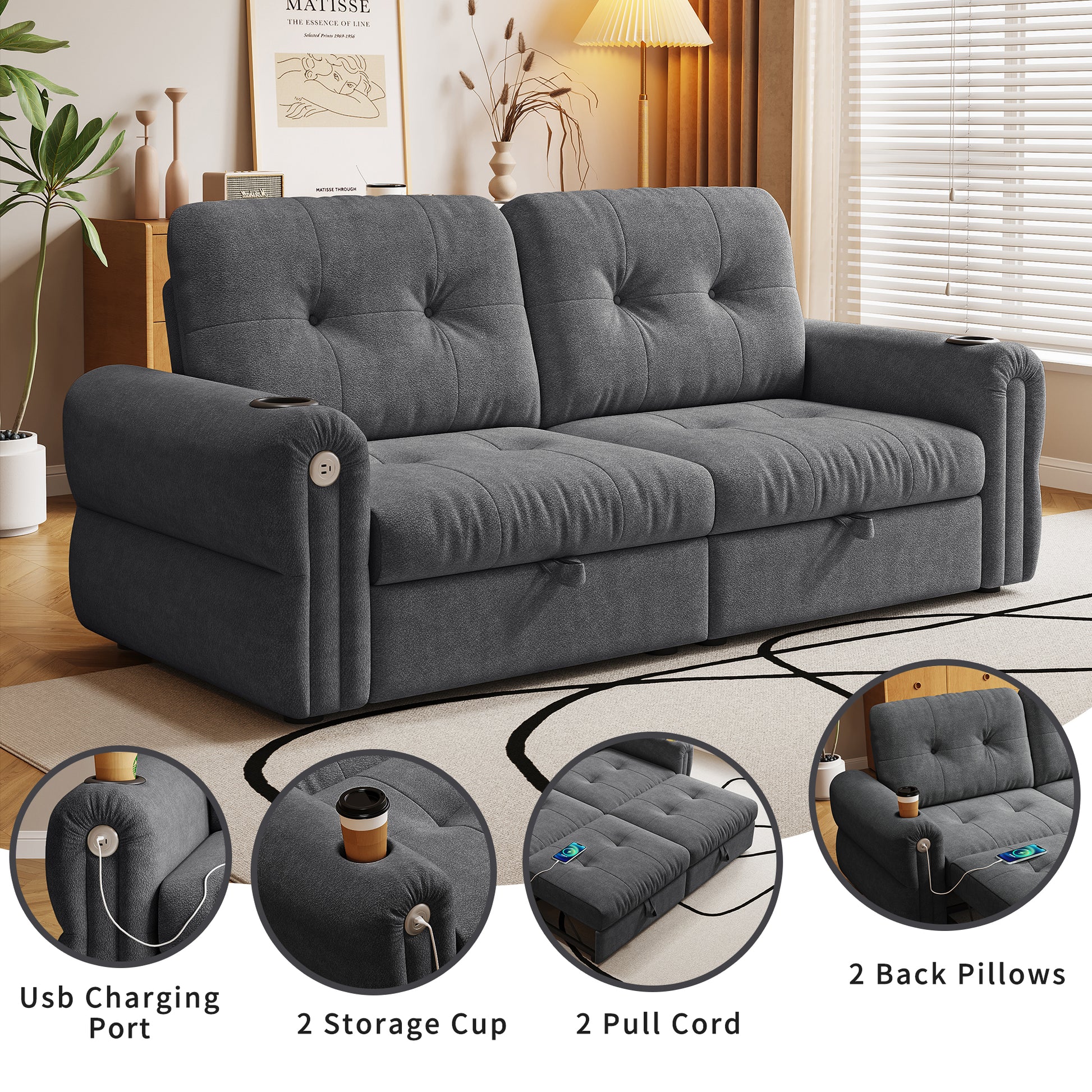 It is a multi-functional sofa, a 77-inch convertible sofa bed, and a 2-in-1 piece suitable for both sitting and lying down. Made of Chenille fabric, it is suitable for living rooms, bedrooms image 8