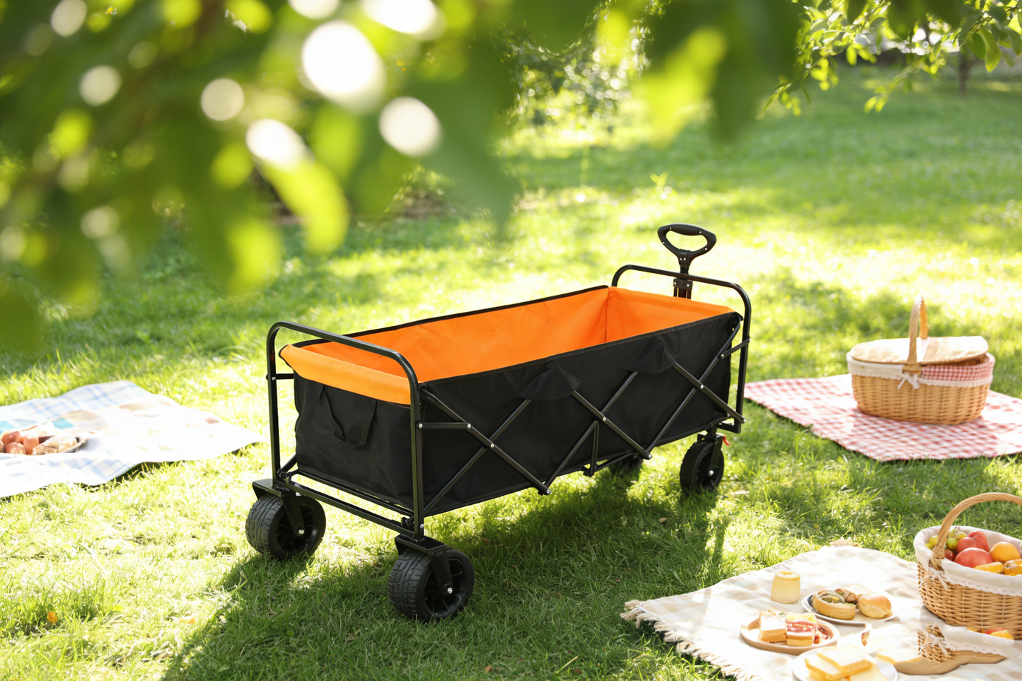 Big large capacity Folding cart Extra Long Extender Wagon Cart Folding Wagon Garden Shopping Beach Cart (black + orange) image 7
