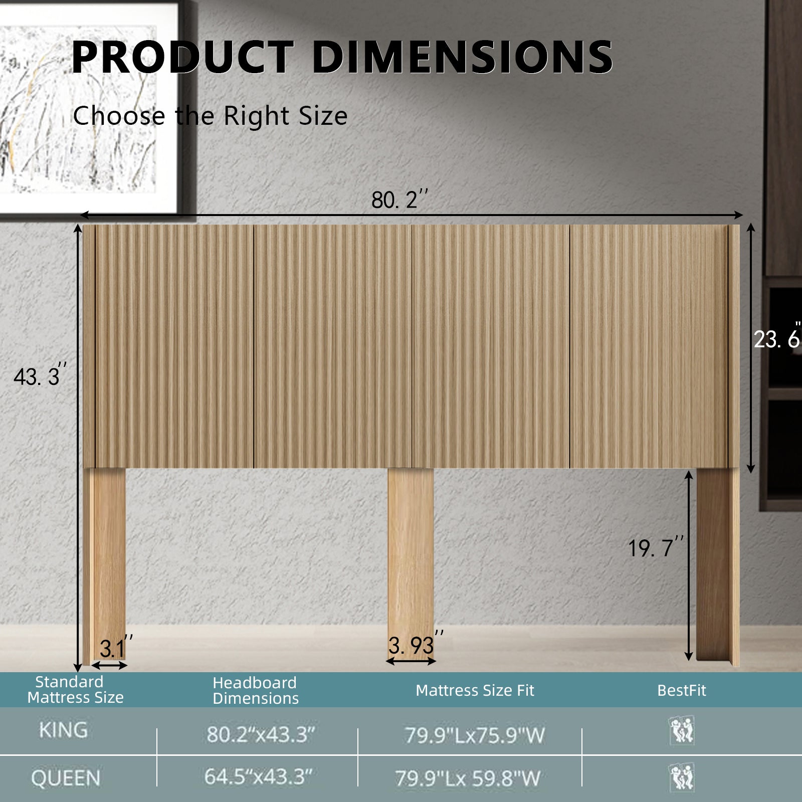 Modern Farmhouse Wood Headboard King Size 80.2 in Wide Wall Mounted Fluted Panel Wingback - Natural oak image 9