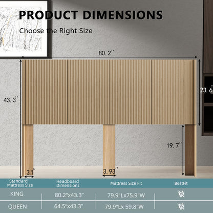 Modern Farmhouse Wood Headboard King Size 80.2 in Wide Wall Mounted Fluted Panel Wingback - Natural oak image 9