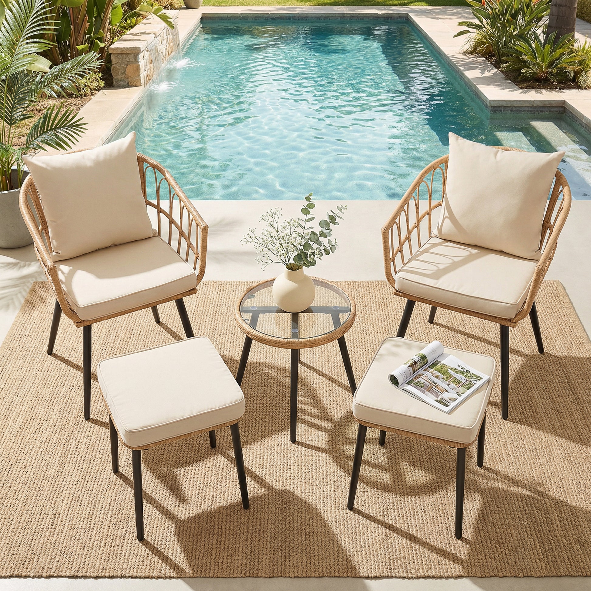5 Piece Patio Furniture Set, Outdoor Wicker Small Conversation Bistro Set, All-Weather PE Rattan Chairs with Ottoman & Coffee Table, Ideal for Balcony Porch Deck Yard Poolside image 1