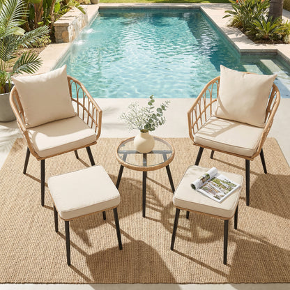 5 Piece Patio Furniture Set, Outdoor Wicker Small Conversation Bistro Set, All-Weather PE Rattan Chairs with Ottoman & Coffee Table, Ideal for Balcony Porch Deck Yard Poolside image 1
