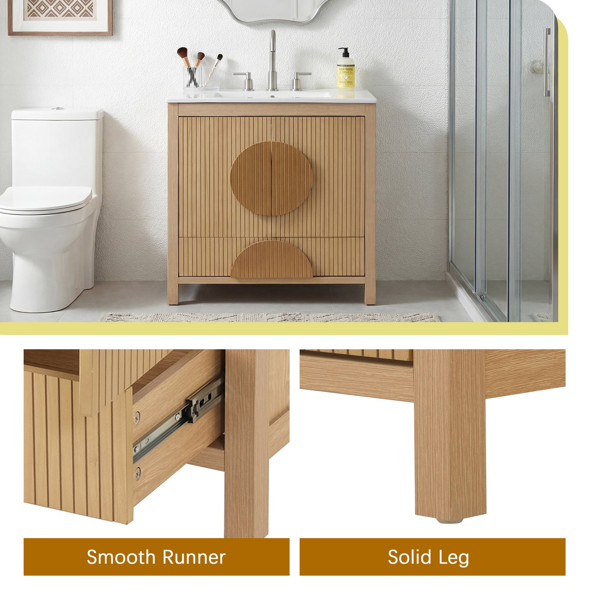 30 Inch Fluted Bathroom Vanity with Sink - Freestanding Modern Wood Cabinet with Soft-Close Doors, 1 Drawer & Open Storage, Decorative Circular Accent, Solid Wood & MDF Build, image 5