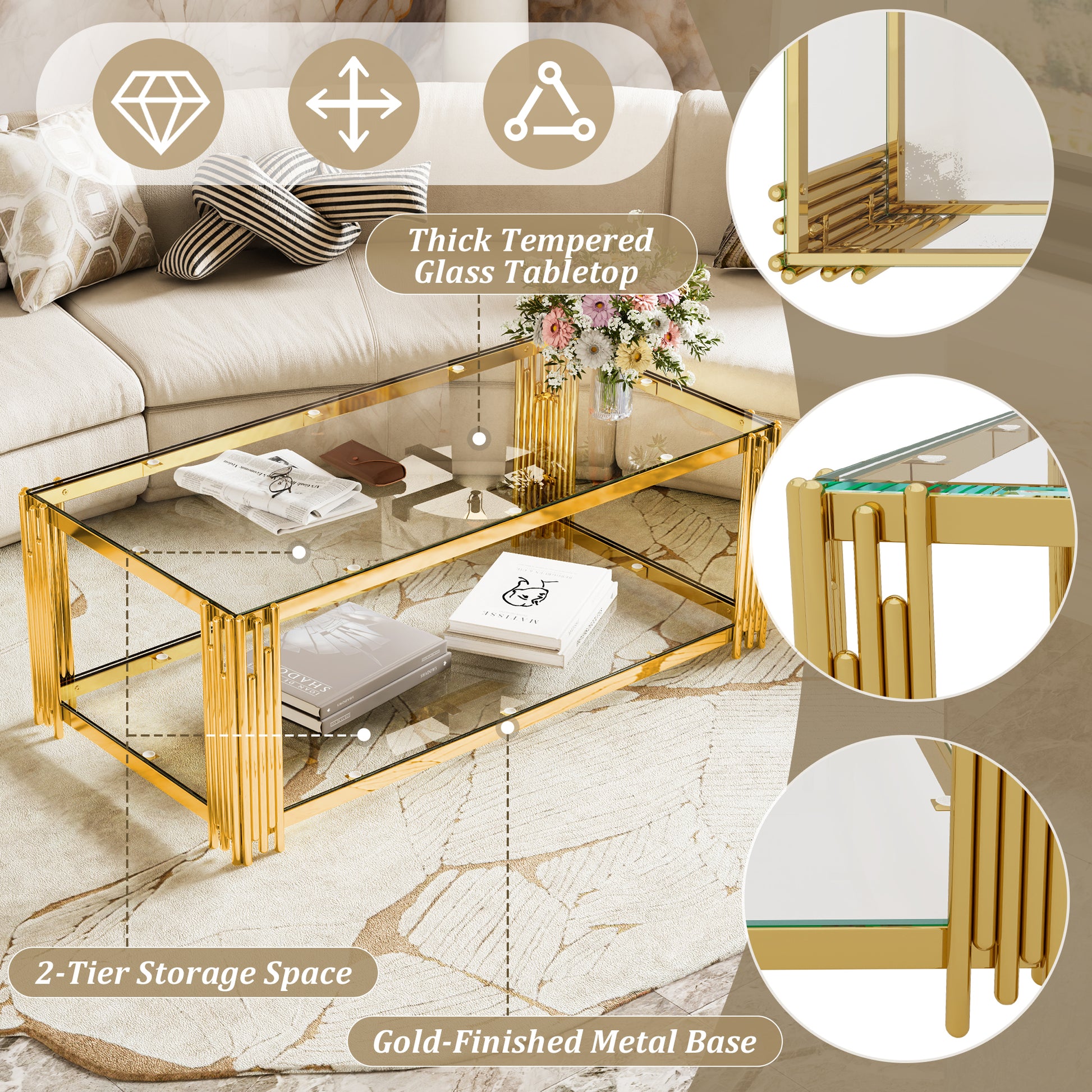 Modern Transparent Glass Coffee Table,Rectangle, Asymmetrical Metal, Gold Finish & Lower Shelf, 47.5" image 9