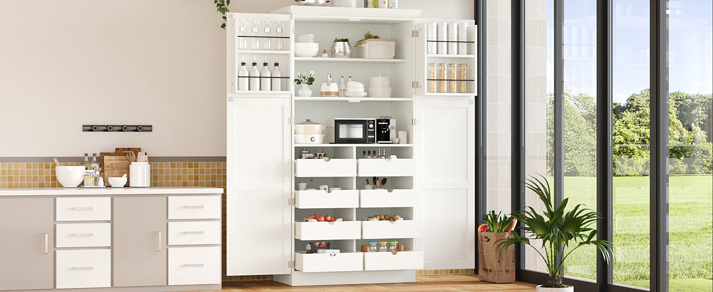 [Assembly Video Provided] TOPMAX 35.5x17.6x70.9inch Freestanding Kitchen Pantry Cabinet, Tall Storage Cabinet with 4 Doors, 2 Door Shelves, 8 Pull-out Trays and Adjustable Shelf for Dining Room, White image 3