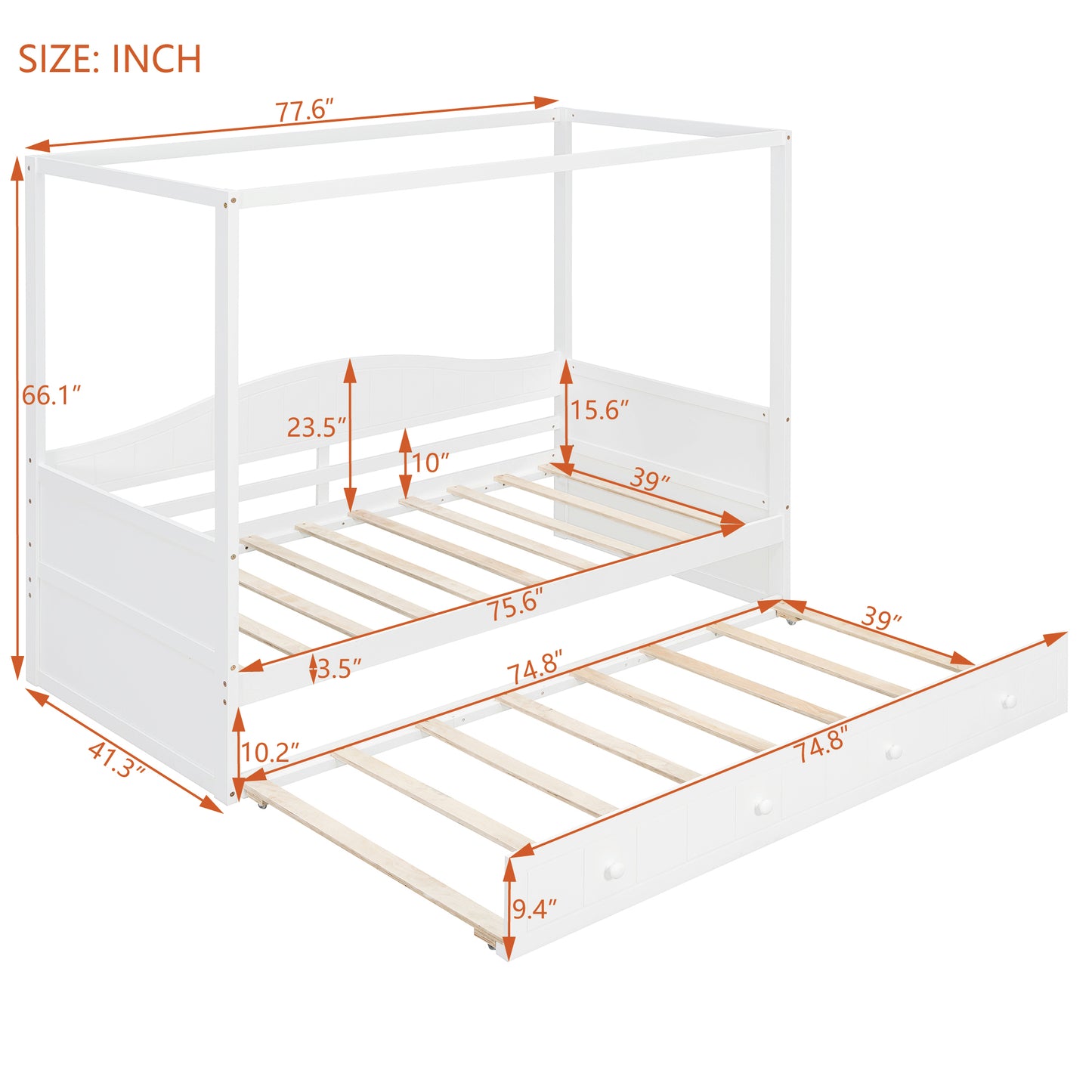Twin Size Canopy Day Bed with twin size Trundle, White(Old SKU:N708P373423K) image 6