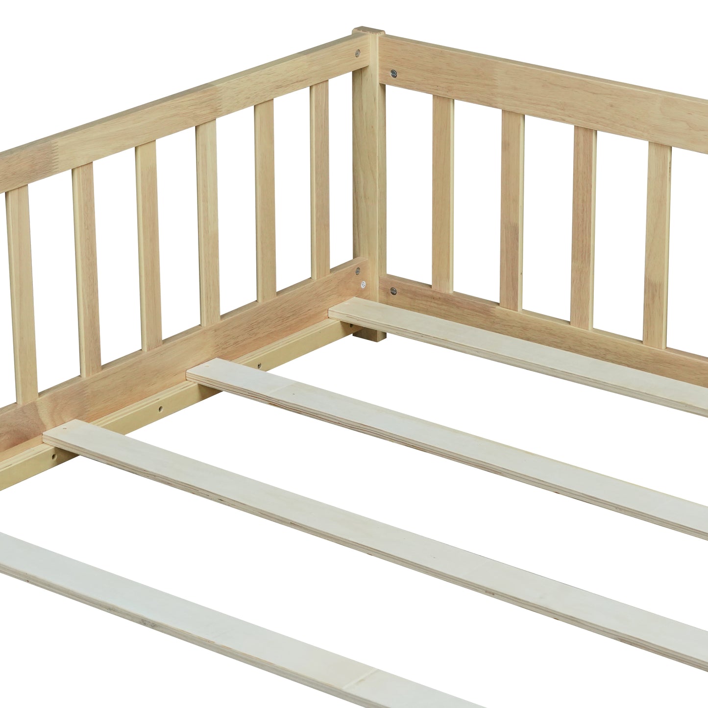 Full Size Floor Bed with Fence without Door,Rubber Wood Floor Bed with Safety Guardrails,Natural image 7