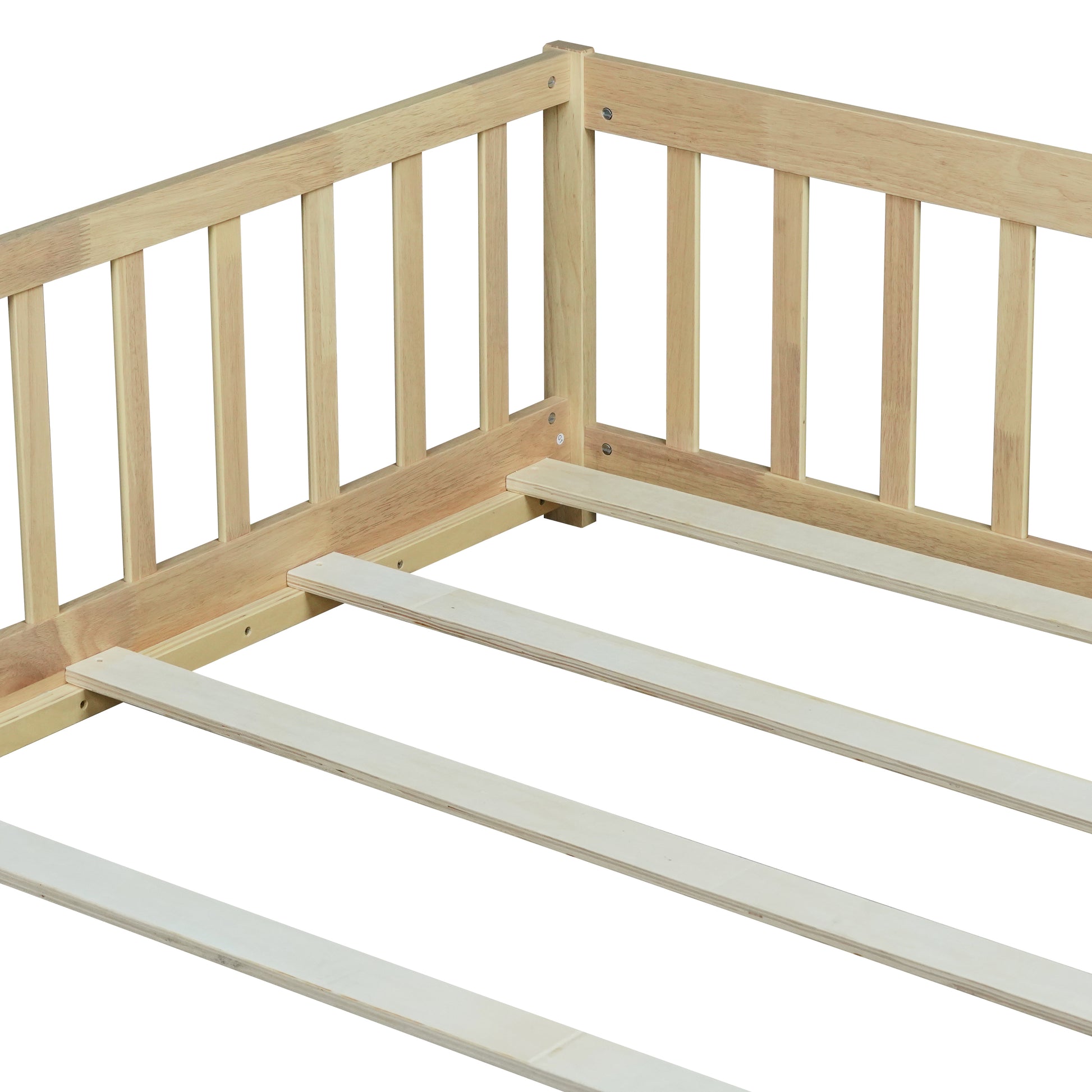 Full Size Floor Bed with Fence without Door,Rubber Wood Floor Bed with Safety Guardrails,Natural image 7