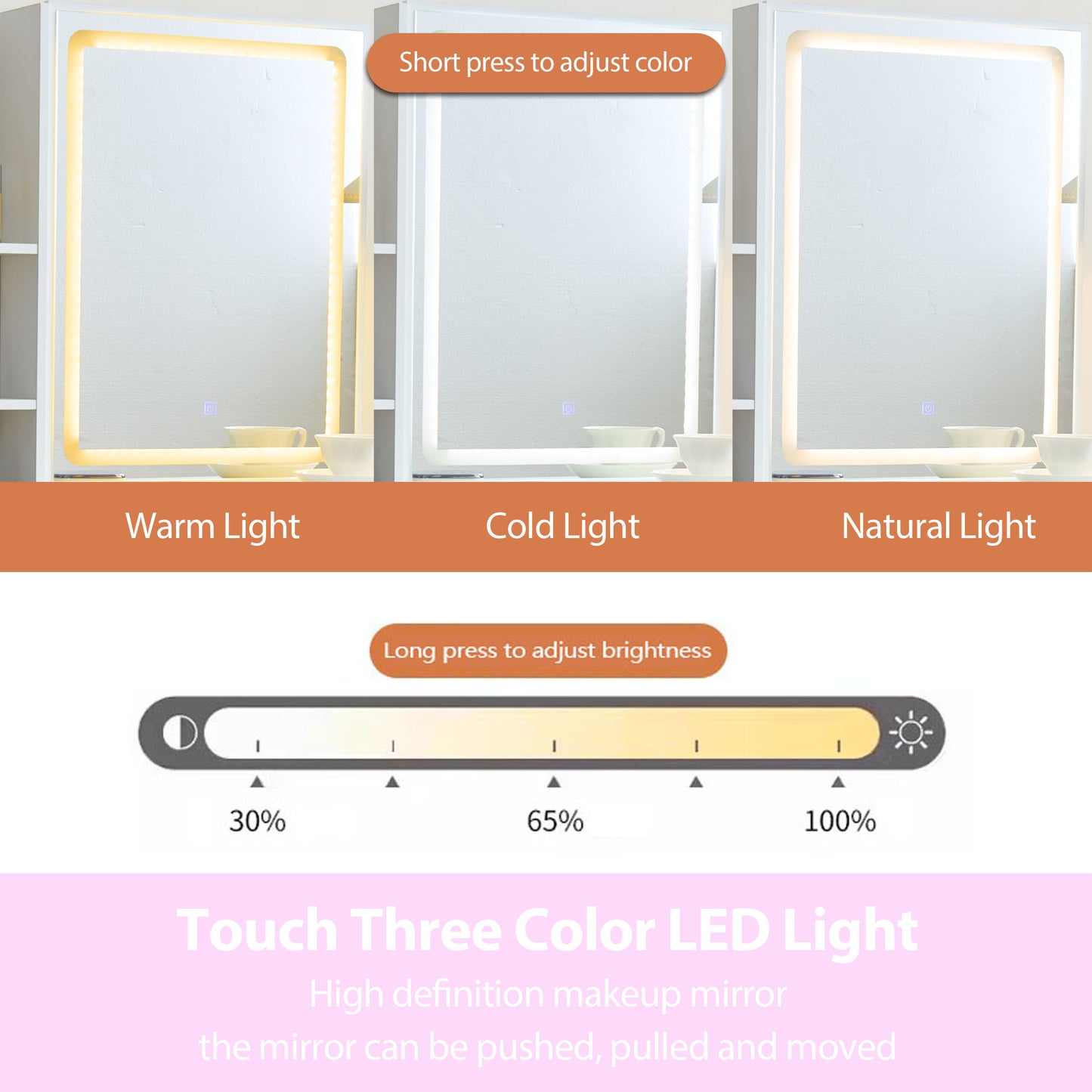 Modern-style white vanity set includes LED-lit mirror, bedroom makeup table with storage and cushioned stool; suitable for teens and adults home dressing rooms/bedrooms image 7