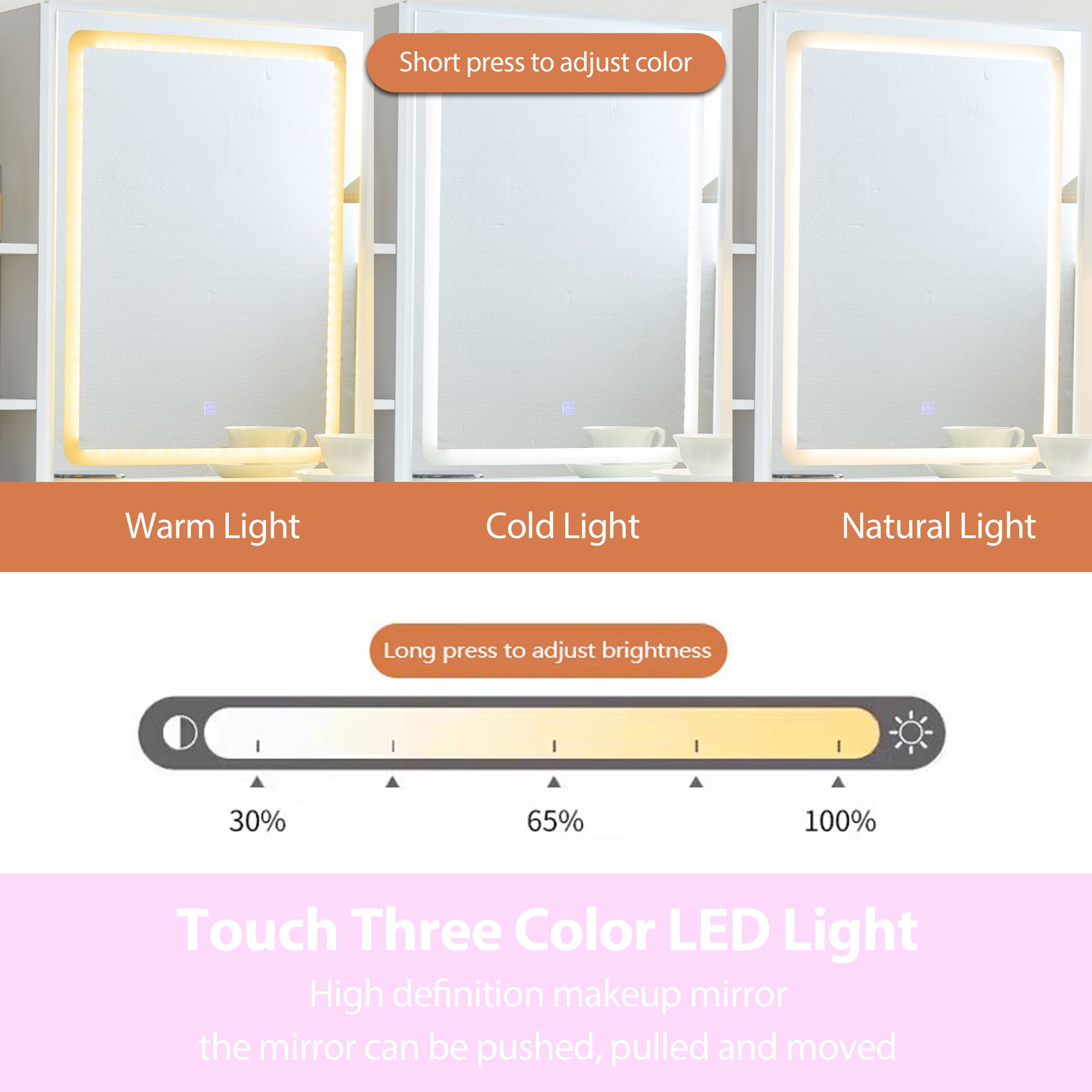 Modern-style white vanity set includes LED-lit mirror, bedroom makeup table with storage and cushioned stool; suitable for teens and adults home dressing rooms/bedrooms image 7