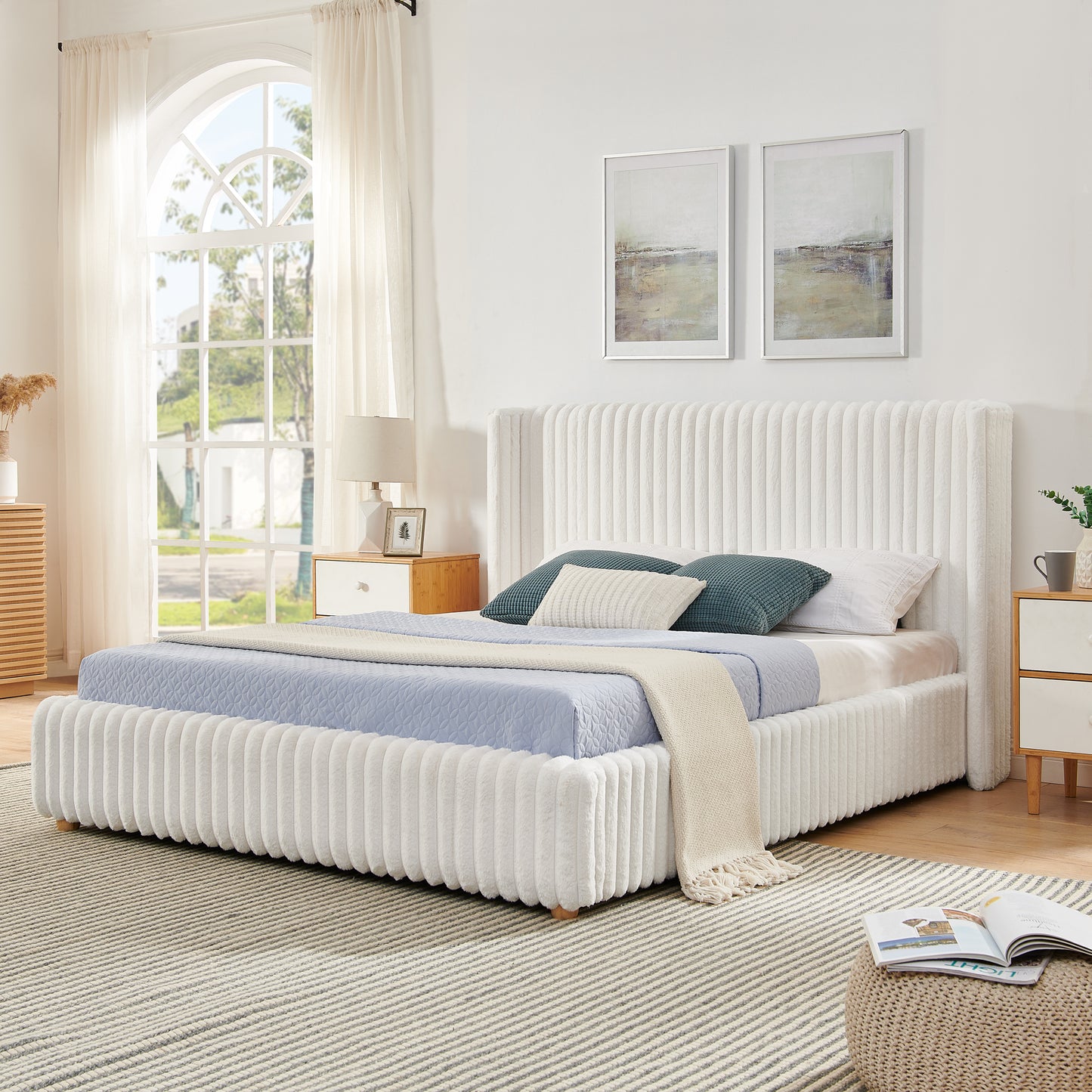 Queen Functional Vertical Striped Bed with Gas Lift Storage, Luxury Fluffy Rabbit Fur Fabric Up-holstered Double Bed image 3
