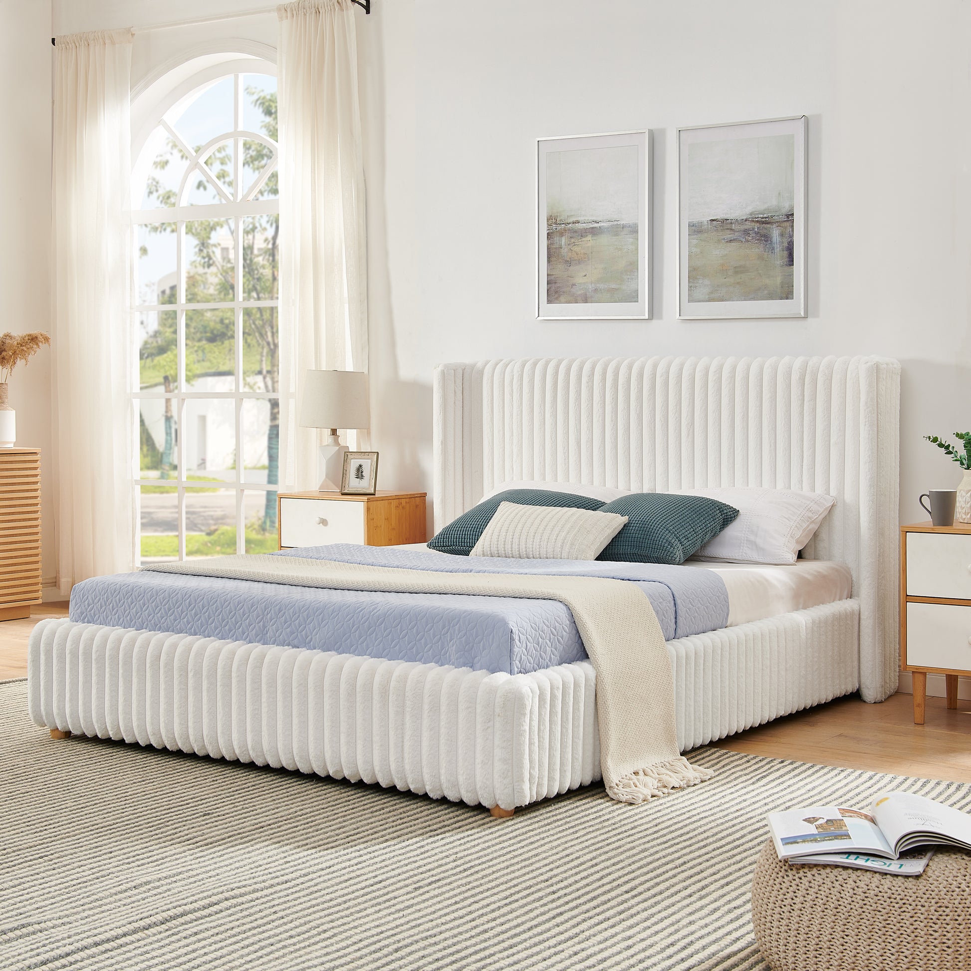Queen Functional Vertical Striped Bed with Gas Lift Storage, Luxury Fluffy Rabbit Fur Fabric Up-holstered Double Bed image 3