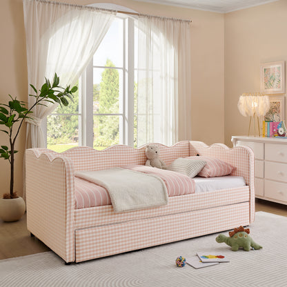 Cozy Gingham Daybed with Trundle Twin Size Sofa Bed No Box Spring Needed, with USB Port and Adorable Wave Shaped, Linen Fabric, Pink image 5