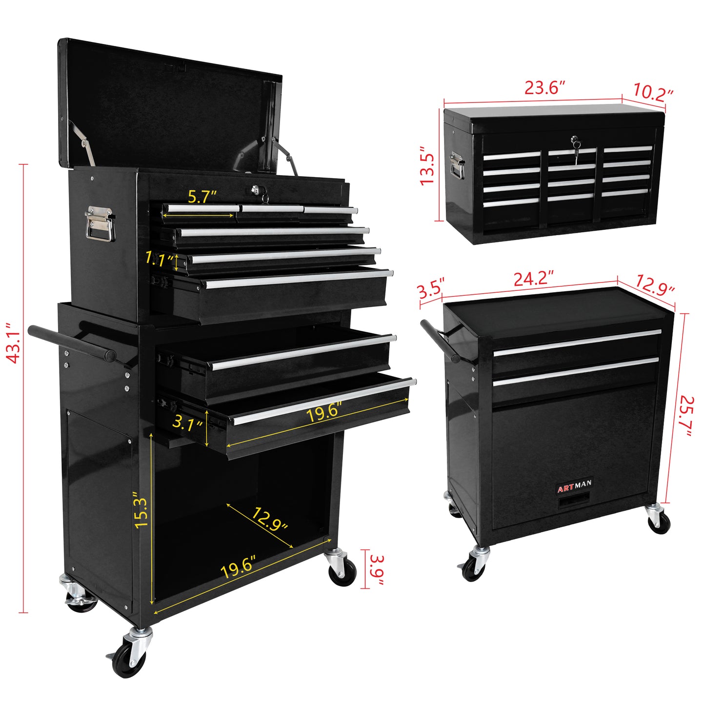 High Capacity Rolling Tool Chest with Wheels and Drawers, 8-Drawer Tool Storage Cabinet--BLACK image 10