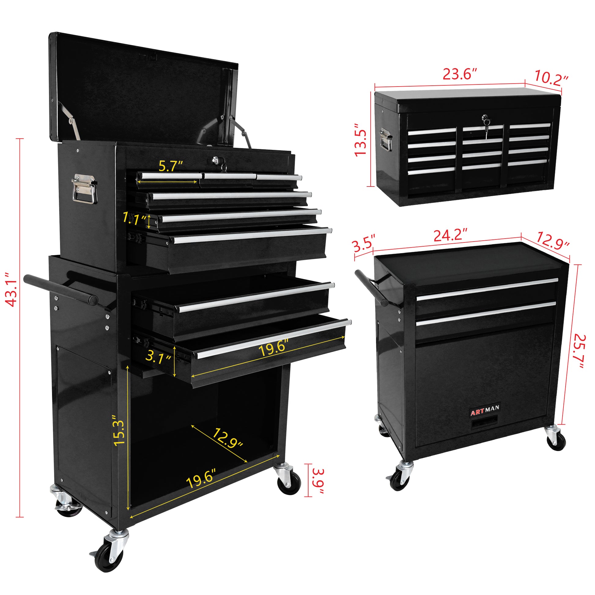 High Capacity Rolling Tool Chest with Wheels and Drawers, 8-Drawer Tool Storage Cabinet--BLACK image 10